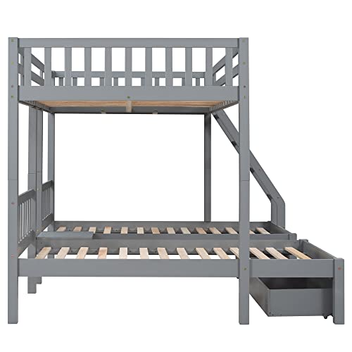 BOVZA Full Over Twin & Twin Bunk Bed, Wood Triple Bunk Bed with Drawers and Guardrails for 3 Kids Girls Boys Teens, Gray