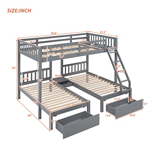 BOVZA Full Over Twin & Twin Bunk Bed, Wood Triple Bunk Bed with Drawers and Guardrails for 3 Kids Girls Boys Teens, Gray