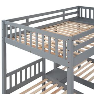 BOVZA Full Over Twin & Twin Bunk Bed, Wood Triple Bunk Bed with Drawers and Guardrails for 3 Kids Girls Boys Teens, Gray