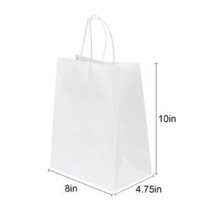 Joybe 100 Pack 8x4.75x10 Inch Medium White Kraft Paper Bags with Handles Bulk, Craft Paper Gift Bags for Party Favors Grocery Retail Shopping Business Goody Merchandise Take Out Blank Sacks (100pcs)