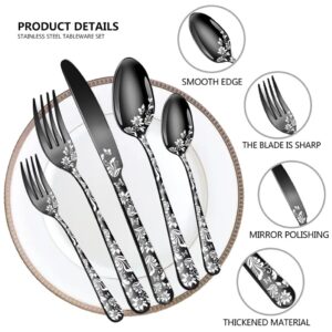 XIAOYU 5 Pieces Silverware Set, Black Flatware Set, Stainless Steel Mirror Polished Cutlery Set, Spoons Forks Knives Set with Unique Floral Laser, Black