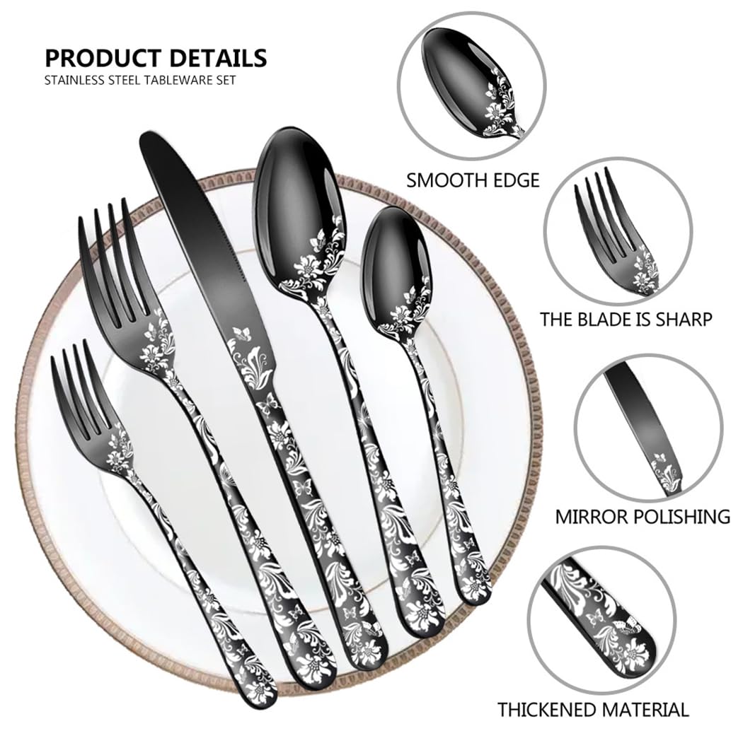 XIAOYU 5 Pieces Silverware Set, Black Flatware Set, Stainless Steel Mirror Polished Cutlery Set, Spoons Forks Knives Set with Unique Floral Laser, Black