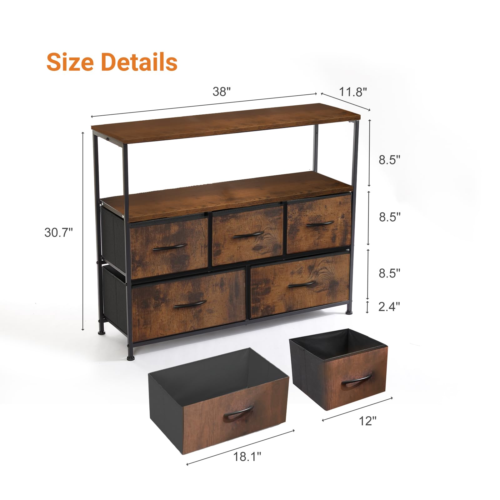 NEWBULIG TV Stand Entertainment Center with 5 Fabric Drawer for Bedroom 30 inch Tall Dresser with Open Display Storage Shelf Media Console Closet Metal Shelf Storage for Living Room Space Saving