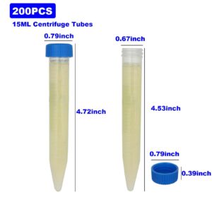 AKOLAFE 200 Pack 15ml Centrifuge Tubes, 15 ml Conical Centrifuge Tubes with Graduated Marks, Write-on Spots and Blue Screw Caps, Leak Proof Plastic Test Tubes Container for Lab Scientific Experiments