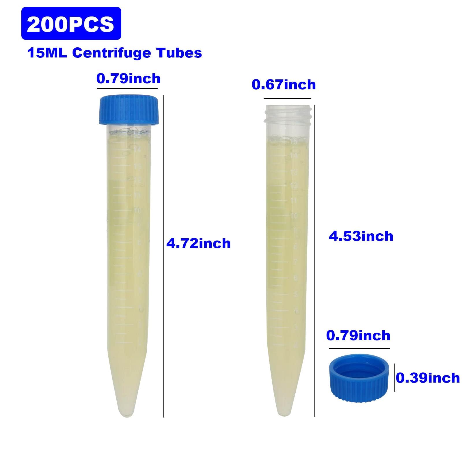 AKOLAFE 200 Pack 15ml Centrifuge Tubes, 15 ml Conical Centrifuge Tubes with Graduated Marks, Write-on Spots and Blue Screw Caps, Leak Proof Plastic Test Tubes Container for Lab Scientific Experiments