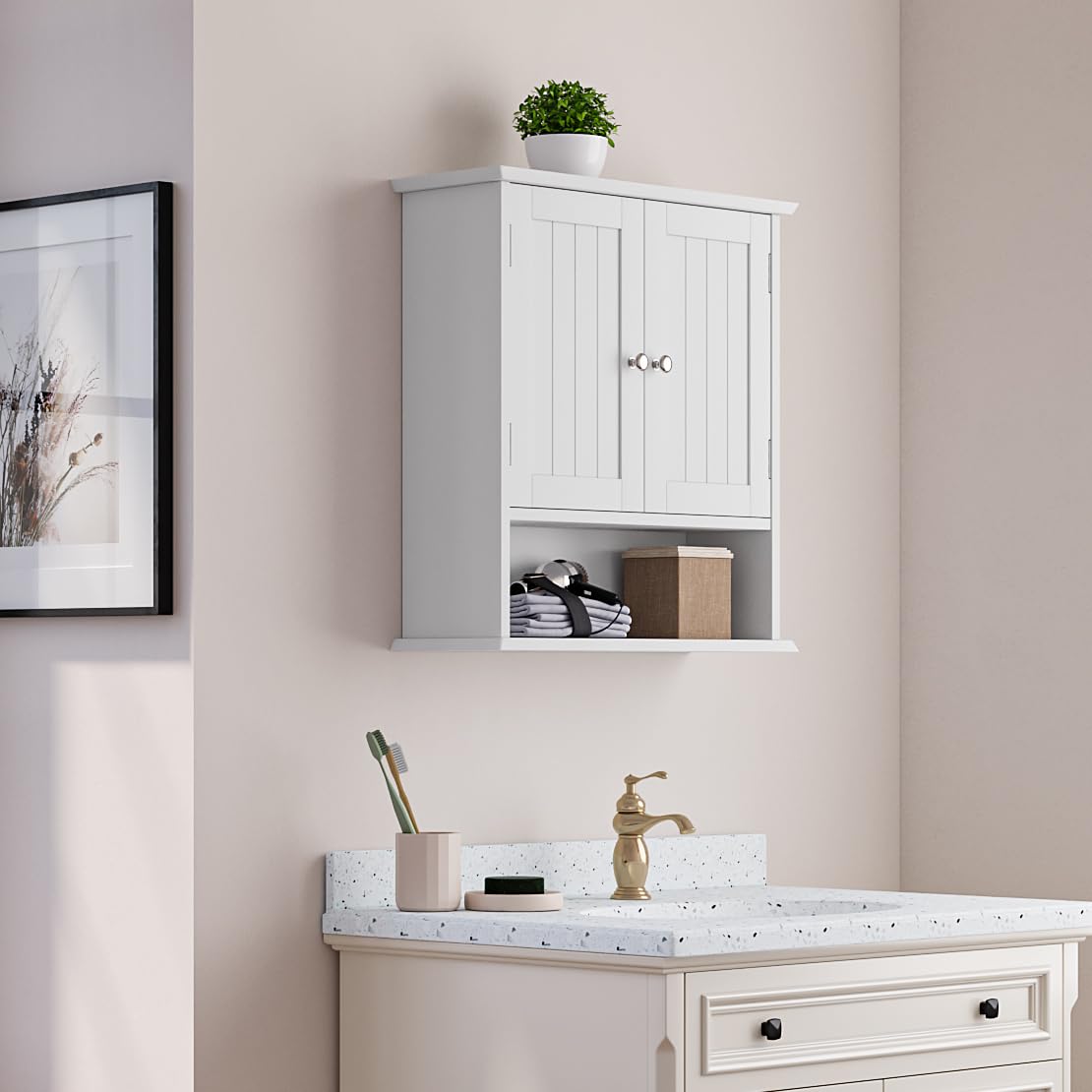 Mino Kesper Bathroom Wall Cabinet, Bathroom Cabinet Wall Mount with 2 Doors and Open Shelf, Over The Toilet Wall Storage Cabinet, Bathroom Medicine Cabinet