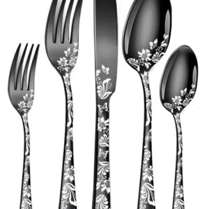 XIAOYU 5 Pieces Silverware Set, Black Flatware Set, Stainless Steel Mirror Polished Cutlery Set, Spoons Forks Knives Set with Unique Floral Laser, Black