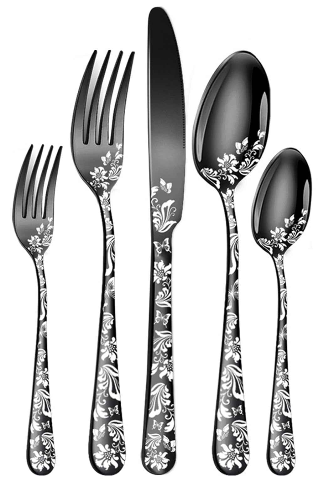 XIAOYU 5 Pieces Silverware Set, Black Flatware Set, Stainless Steel Mirror Polished Cutlery Set, Spoons Forks Knives Set with Unique Floral Laser, Black