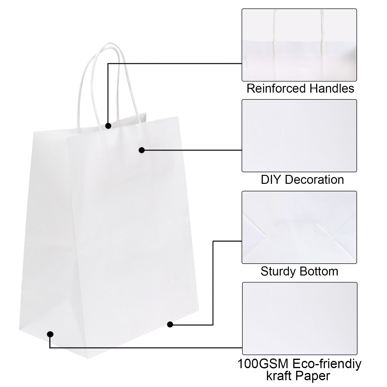 Joybe 100 Pack 8x4.75x10 Inch Medium White Kraft Paper Bags with Handles Bulk, Craft Paper Gift Bags for Party Favors Grocery Retail Shopping Business Goody Merchandise Take Out Blank Sacks (100pcs)