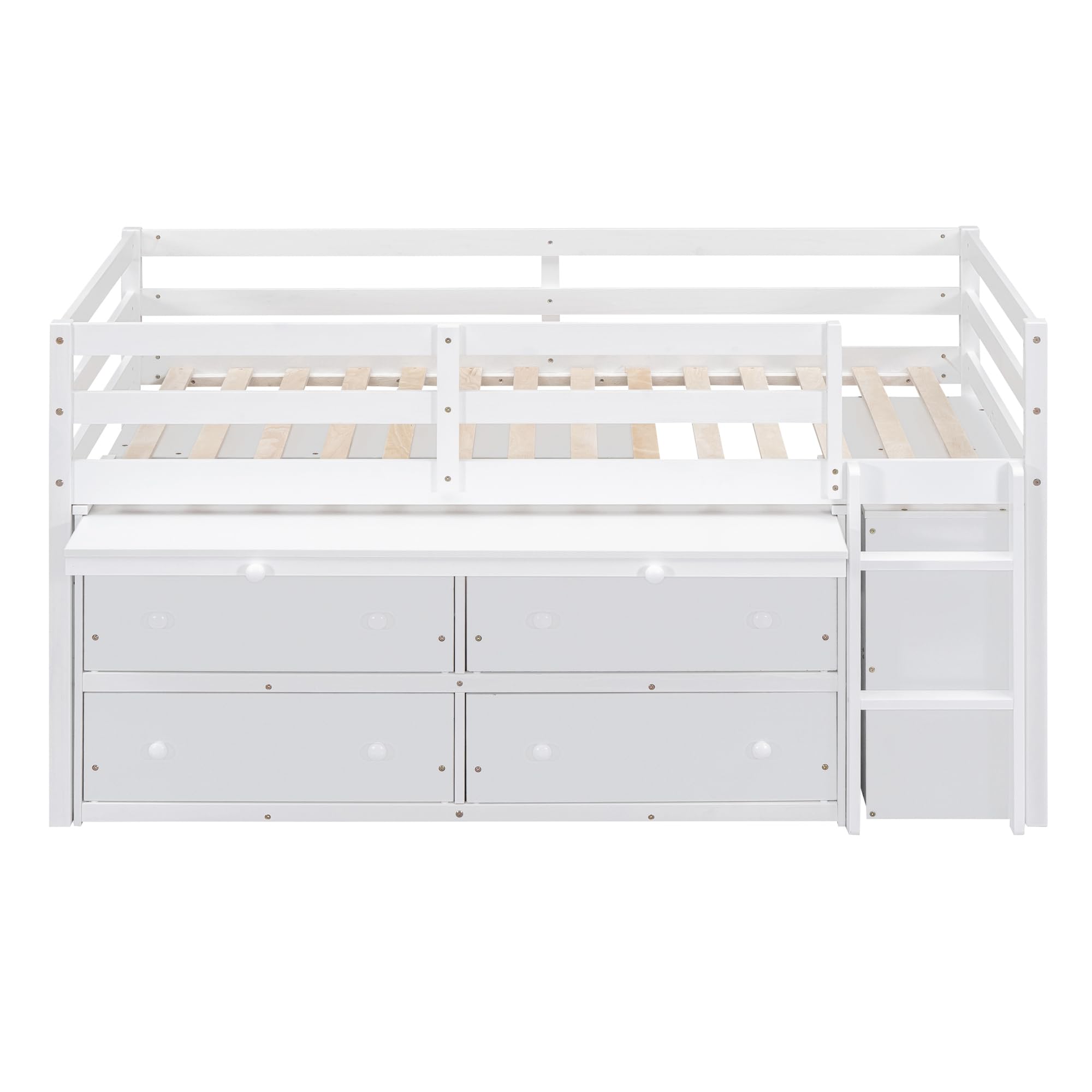 Kids Twin Low Loft Bed with Storage, Twin Size Loft Bed with Portable Desk and 4 Drawers, Wood Twin Loft Bed with Shelves, Modern Farmhouse Junior Loft Bed for Kids Boys Girls, White