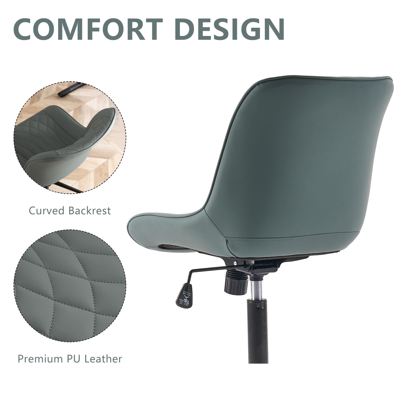 YOUNIKE Ergonomic Home Office Desk Chair Comfy Small Criss Cross Chair with Wheels Swivel Adjustable Modern Vanity Chair High Back Armless Cute Leather Upholstered Rolling Task Chair Greyish Green