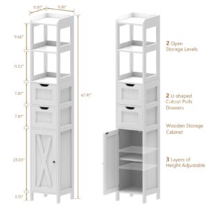 Bathroom Cabinet, Bathroom Storage Cabinet Rack Stand, Freestanding Narrow Tall Cabinet with Door and Adjustable Shelf, Multifunctional Bathroom Floor Cabinet with 2 Drawers (White)