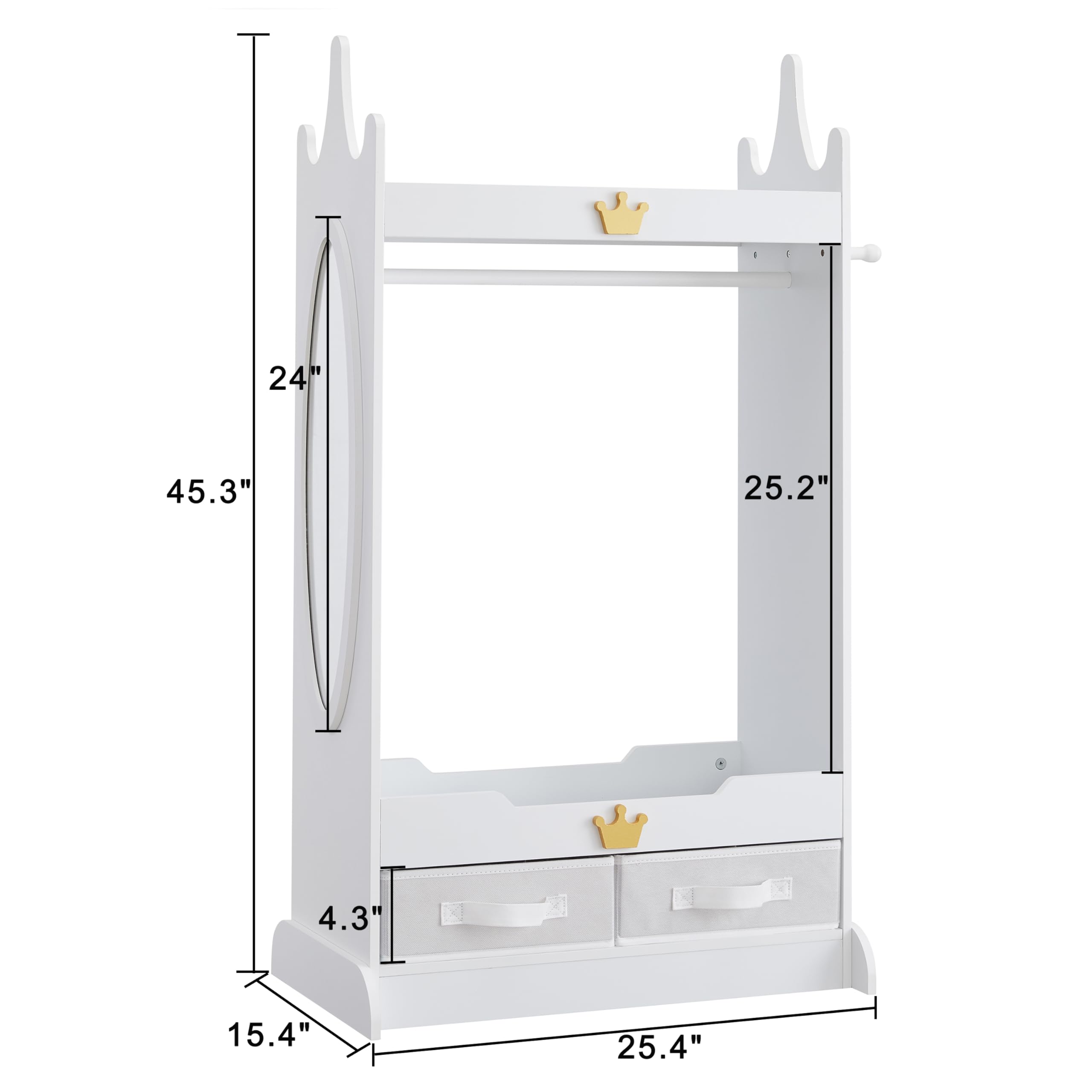 GTOLV Kids Dress Up Storage with Mirror, Kids Armoire with Non-Woven Drawers, Open Costume Closet with Hanging Rack for Toddlers (White)