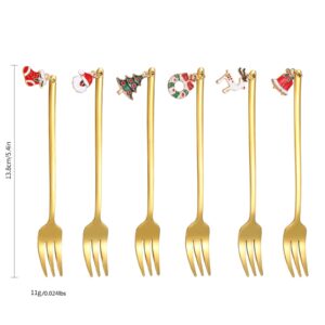 A · HOUSEWARE Dessert Forks Gold Christmas Silverware Set Stainless Steel Flatware Small 6 Pieces Appetizer Utensils With Xmas Charms Handle for Festival Parties and Everyday Use