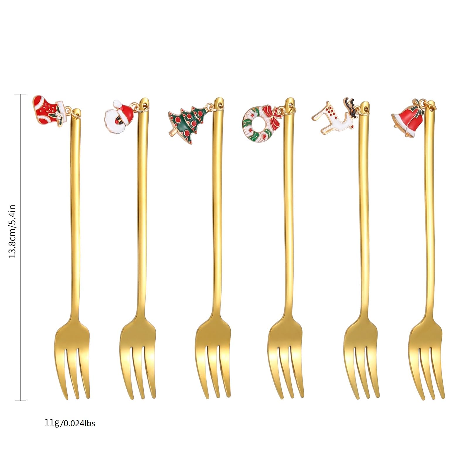 A · HOUSEWARE Dessert Forks Gold Christmas Silverware Set Stainless Steel Flatware Small 6 Pieces Appetizer Utensils With Xmas Charms Handle for Festival Parties and Everyday Use