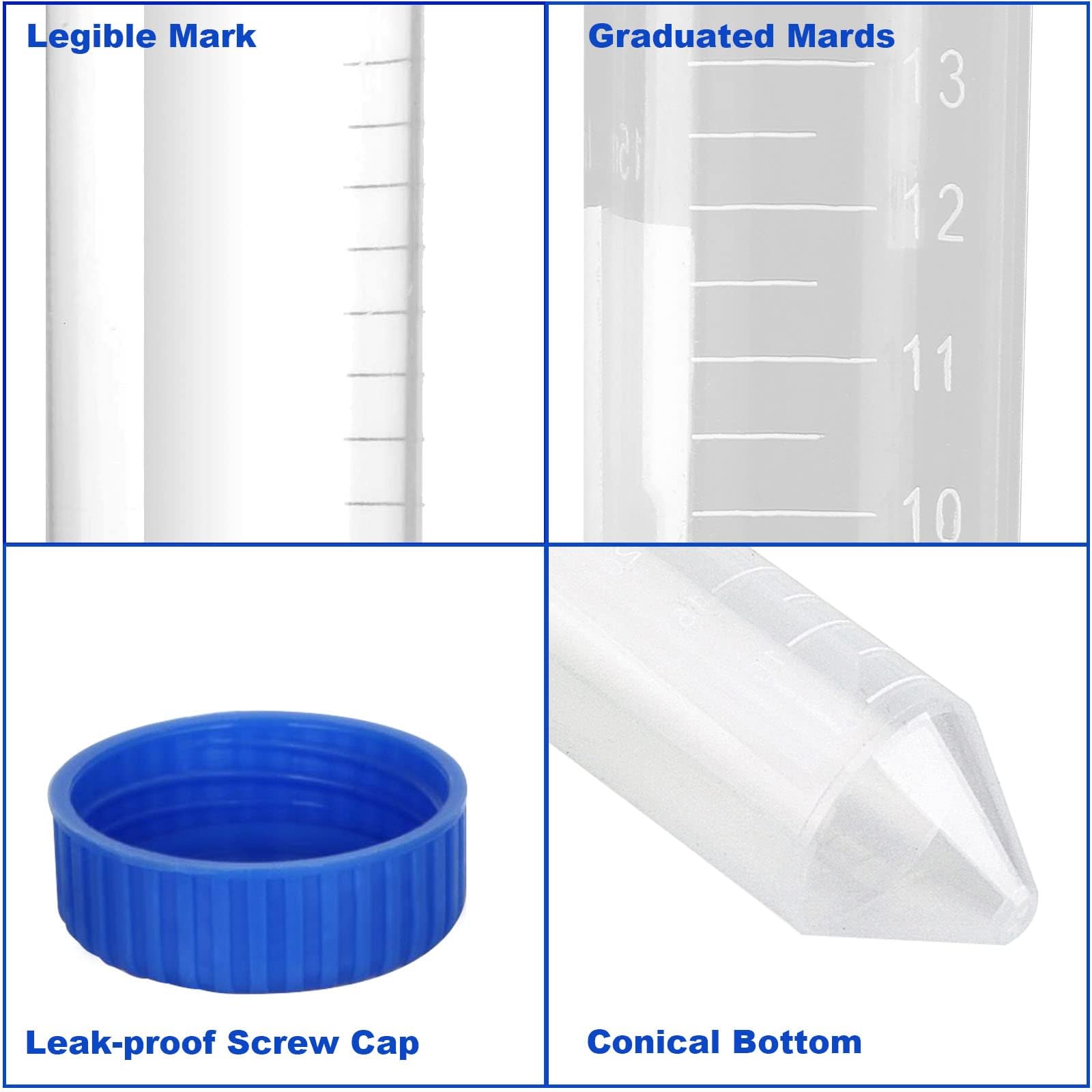 AKOLAFE 200 Pack 15ml Centrifuge Tubes, 15 ml Conical Centrifuge Tubes with Graduated Marks, Write-on Spots and Blue Screw Caps, Leak Proof Plastic Test Tubes Container for Lab Scientific Experiments