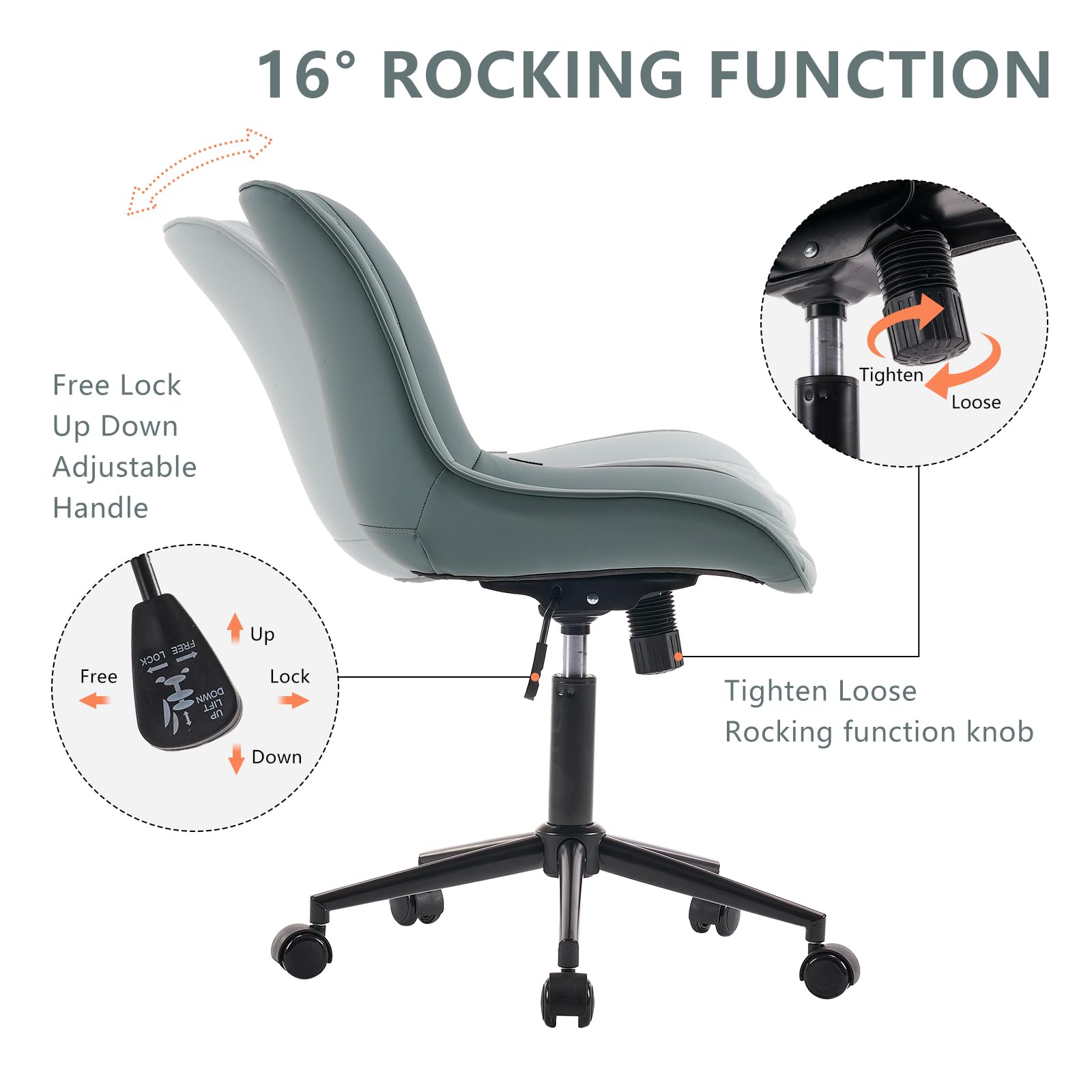 YOUNIKE Ergonomic Home Office Desk Chair Comfy Small Criss Cross Chair with Wheels Swivel Adjustable Modern Vanity Chair High Back Armless Cute Leather Upholstered Rolling Task Chair Greyish Green