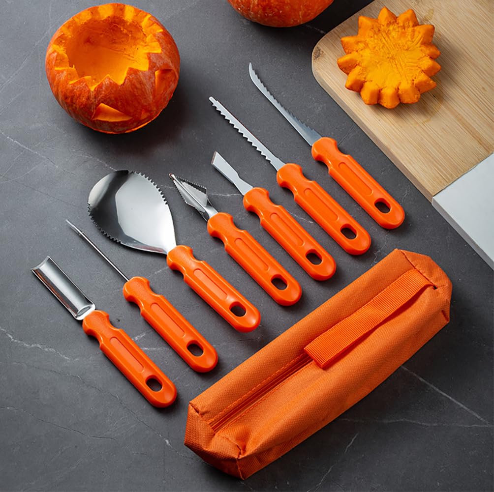 WmcyWell Pumpkin Carving Kit Tools Halloween Pumpkin Decorating Kit Stainless Steel Sculpting Knife for Halloween Decoration Jack-O-Lanterns Gift for Halloween Orange 7pcs