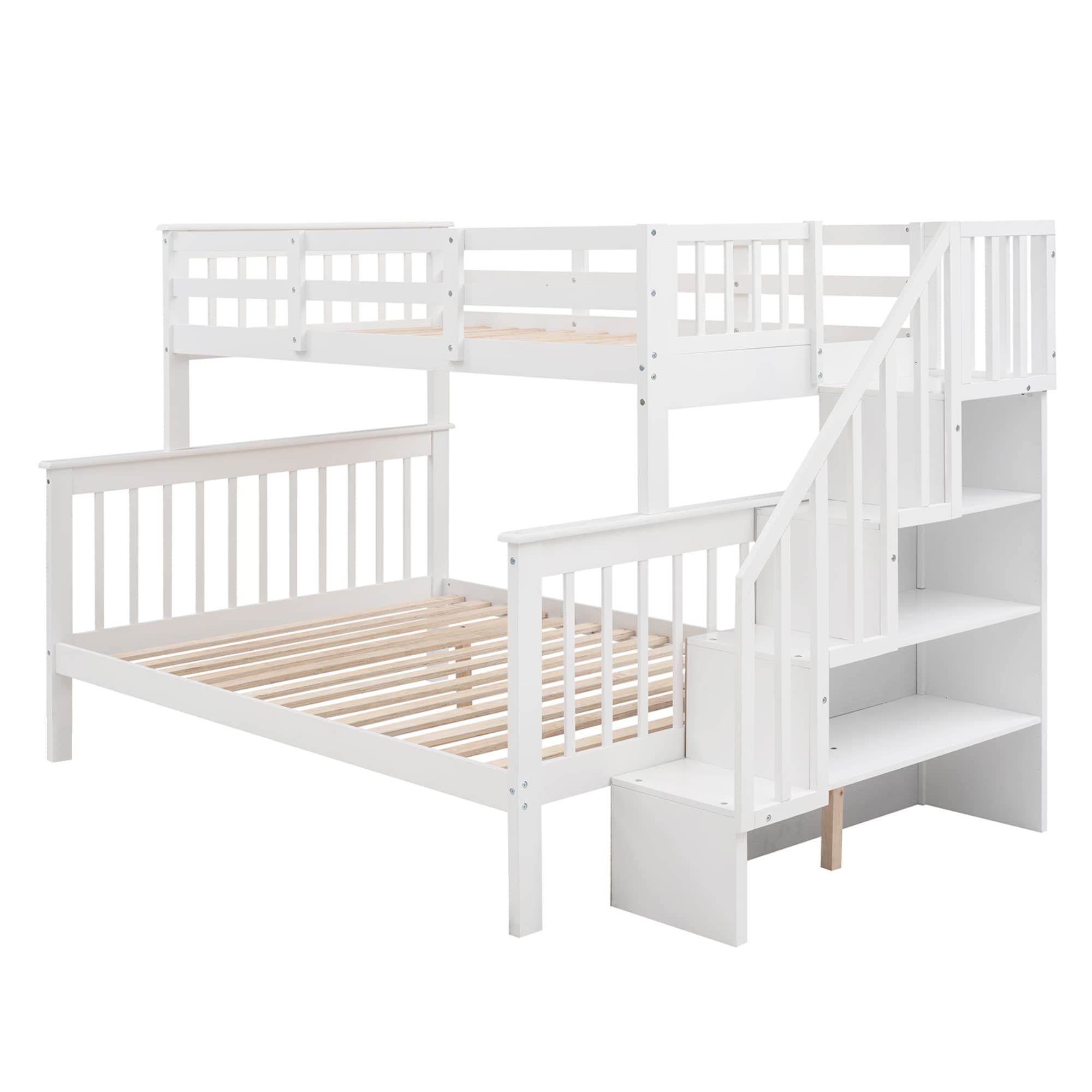 LostCat Twin Over Full Bunk Bed, Solid Pinewood Bunk Bed with Storage Staircase and Safety Guardrails for Kids/Teens/Adults,Can Be Separated Into Twin/Full Size Bed, White