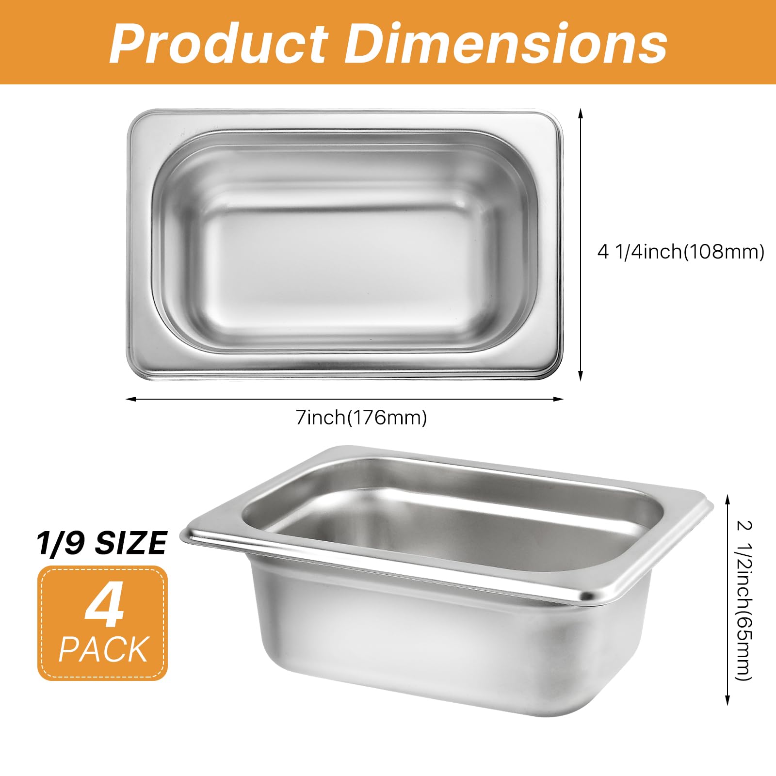 Akamino 4 Pack 1/9 Size 2 1/2 Inch Deep Steem Tabel Pans, NSF Commercial 18/8 Stainless Steel Anti-jam Steam Pan, Catering Food Pan for Restaurant,Hotel