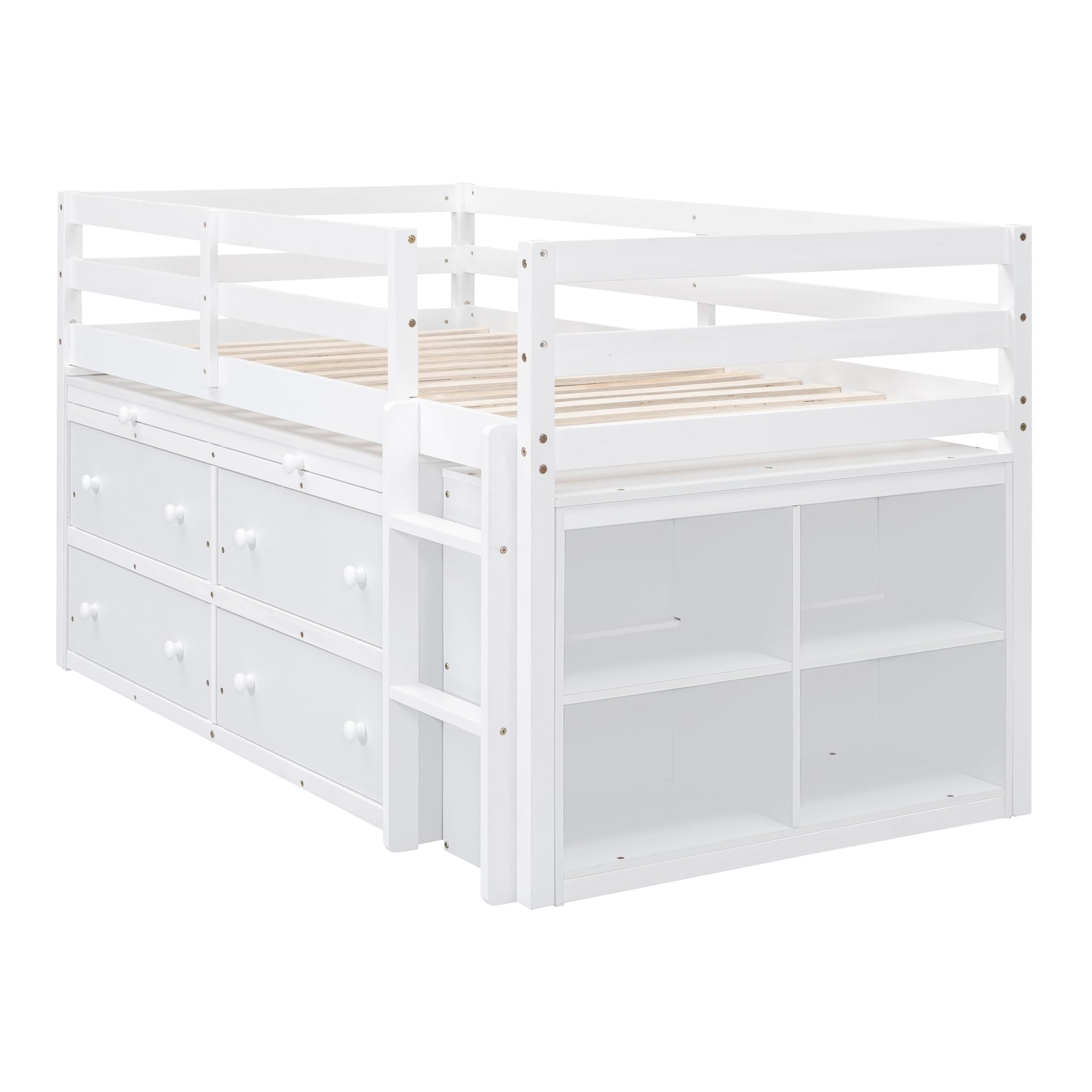 Kids Twin Low Loft Bed with Storage, Twin Size Loft Bed with Portable Desk and 4 Drawers, Wood Twin Loft Bed with Shelves, Modern Farmhouse Junior Loft Bed for Kids Boys Girls, White