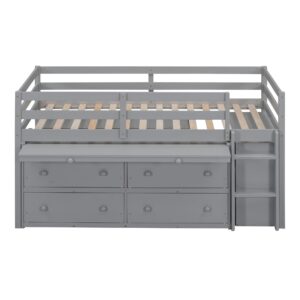 Kids Twin Low Loft Bed with Storage, Twin Size Loft Bed with Portable Desk and 4 Drawers, Wood Twin Loft Bed with Shelves, Modern Farmhouse Junior Loft Bed for Kids Boys Girls, Gray