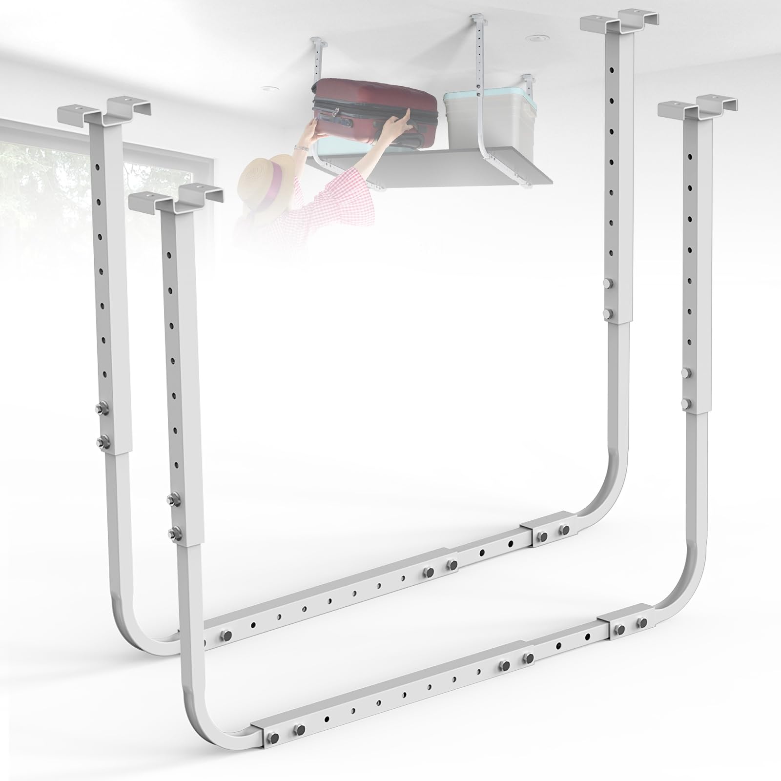 ruiru bro Overhead Garage Storage Rack,Adjustable Garage Ceiling Storage Racks,4x8 Overhead Garage Storage Rack,Retractable Overhead Storage Rack,250lbs Weight Capacity(White)