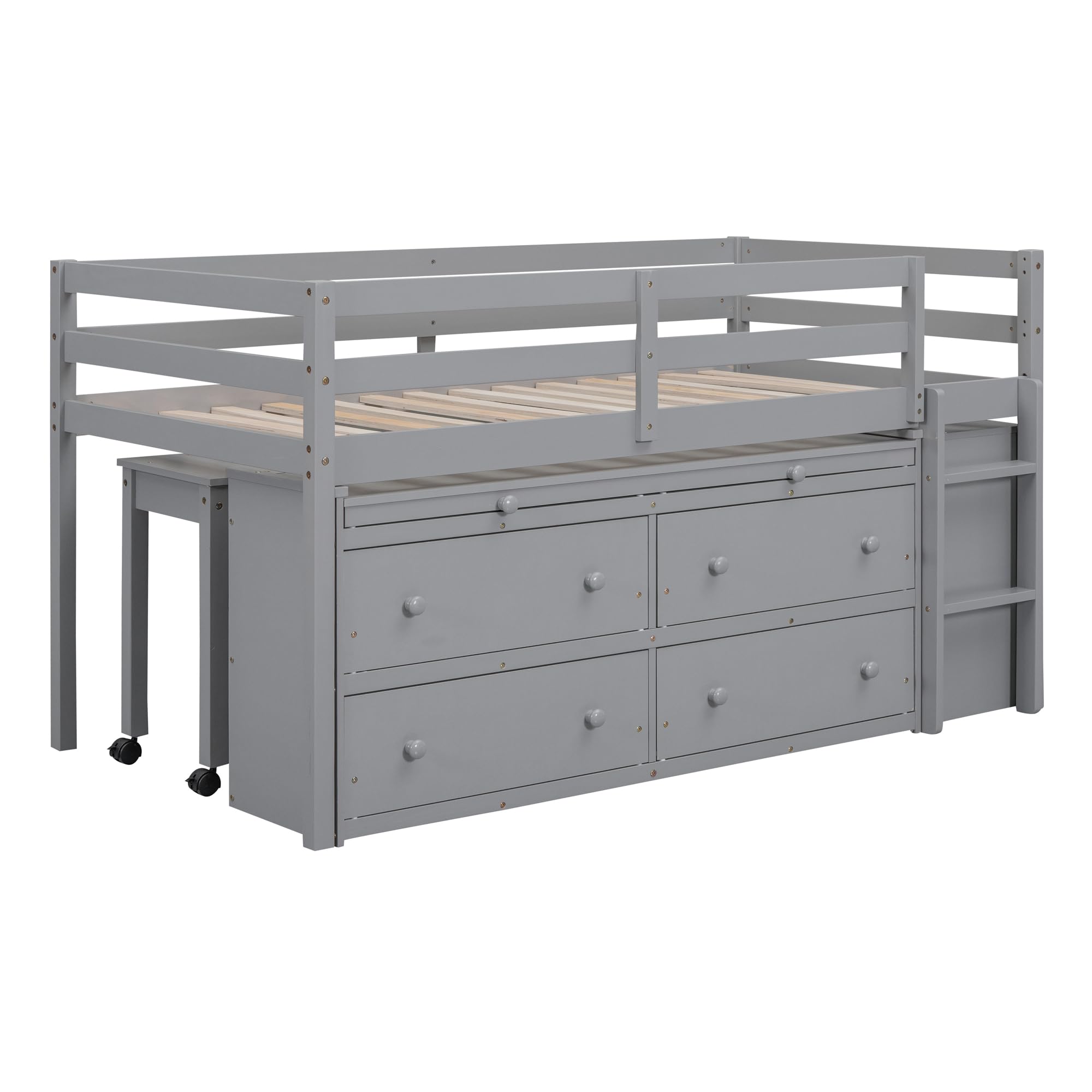 Kids Twin Low Loft Bed with Storage, Twin Size Loft Bed with Portable Desk and 4 Drawers, Wood Twin Loft Bed with Shelves, Modern Farmhouse Junior Loft Bed for Kids Boys Girls, Gray