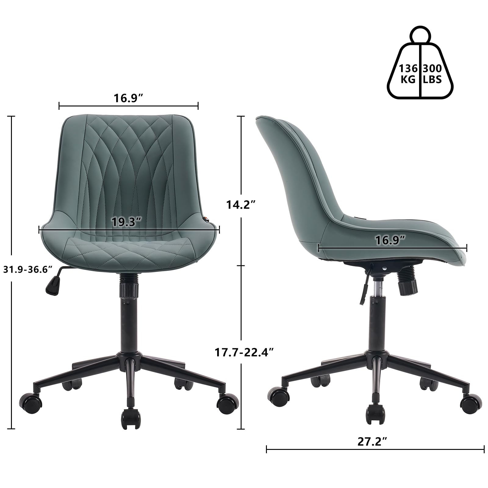 YOUNIKE Ergonomic Home Office Desk Chair Comfy Small Criss Cross Chair with Wheels Swivel Adjustable Modern Vanity Chair High Back Armless Cute Leather Upholstered Rolling Task Chair Greyish Green