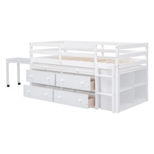 Kids Twin Low Loft Bed with Storage, Twin Size Loft Bed with Portable Desk and 4 Drawers, Wood Twin Loft Bed with Shelves, Modern Farmhouse Junior Loft Bed for Kids Boys Girls, White