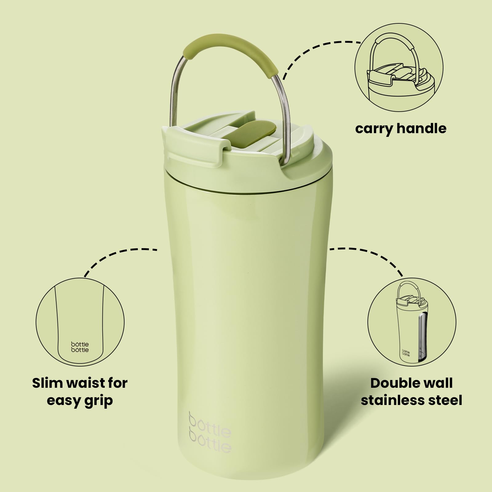 BOTTLE BOTTLE Insulated Coffee Tumblers with Dual-use Lid and Straw Double Walled Iced Travel Coffee Mug for Woman and Man 12oz Stainless Steel Tumbler with Handle（avocado green）