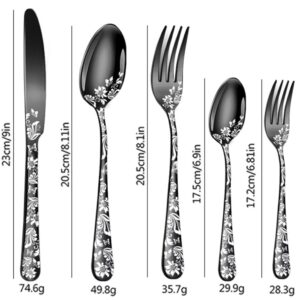 XIAOYU 5 Pieces Silverware Set, Black Flatware Set, Stainless Steel Mirror Polished Cutlery Set, Spoons Forks Knives Set with Unique Floral Laser, Black