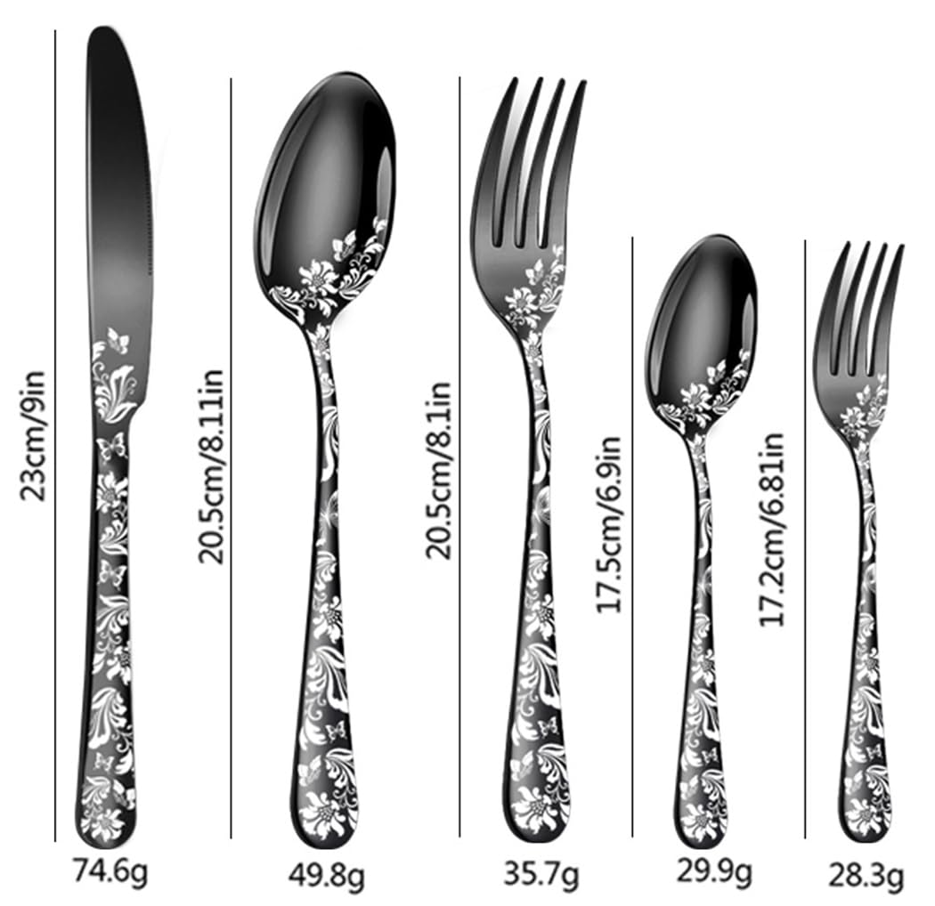 XIAOYU 5 Pieces Silverware Set, Black Flatware Set, Stainless Steel Mirror Polished Cutlery Set, Spoons Forks Knives Set with Unique Floral Laser, Black