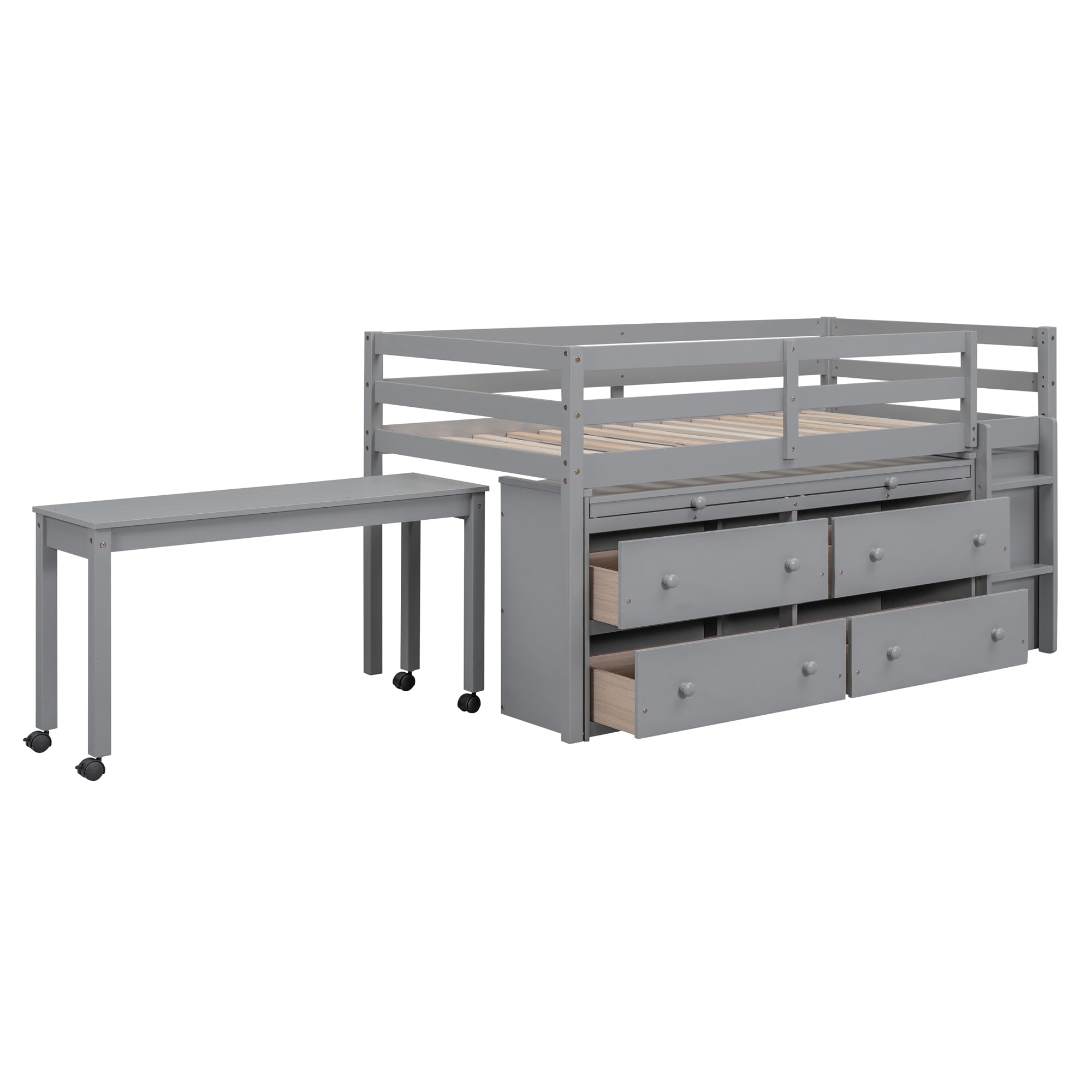 Kids Twin Low Loft Bed with Storage, Twin Size Loft Bed with Portable Desk and 4 Drawers, Wood Twin Loft Bed with Shelves, Modern Farmhouse Junior Loft Bed for Kids Boys Girls, Gray