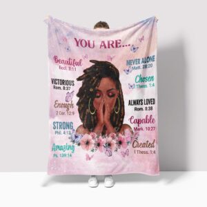 TRENDYNEST African American Girl Throw Blanket,Inspirational Quotes Positive Thoughts Soft Fleece Blankets for Bedroom Floral Butterfly Blanket Gift 50x60 Inch