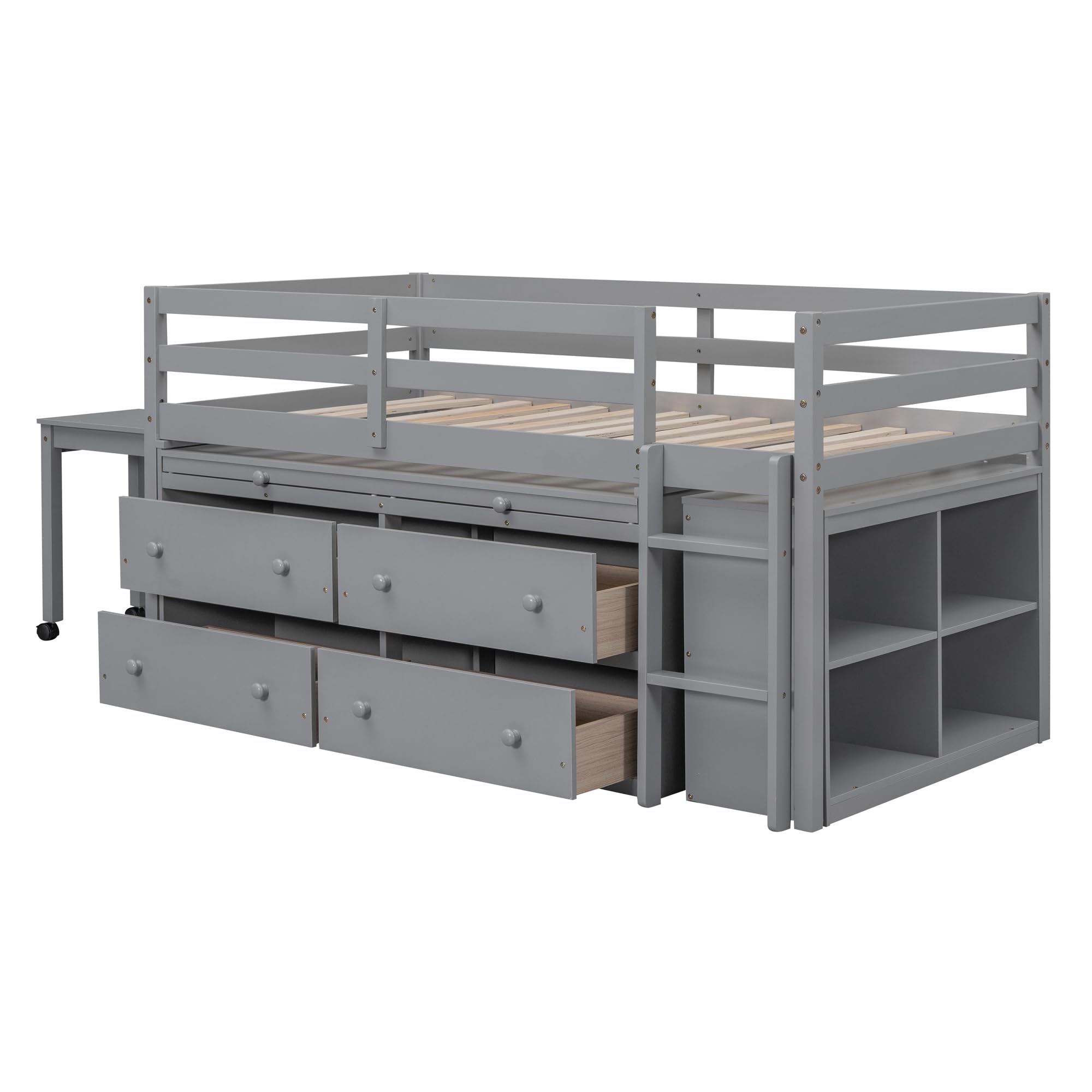 Kids Twin Low Loft Bed with Storage, Twin Size Loft Bed with Portable Desk and 4 Drawers, Wood Twin Loft Bed with Shelves, Modern Farmhouse Junior Loft Bed for Kids Boys Girls, Gray