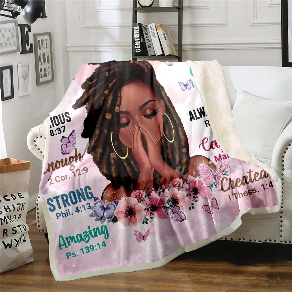 TRENDYNEST African American Girl Throw Blanket,Inspirational Quotes Positive Thoughts Soft Fleece Blankets for Bedroom Floral Butterfly Blanket Gift 50x60 Inch