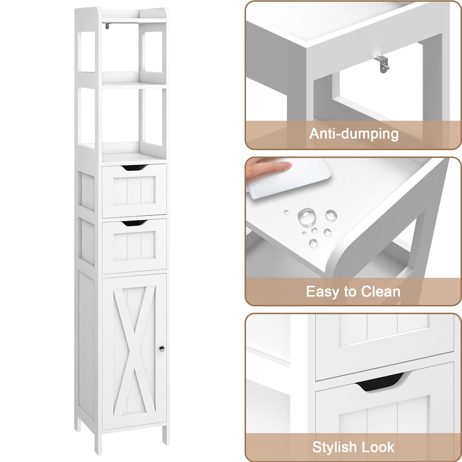 Bathroom Cabinet, Bathroom Storage Cabinet Rack Stand, Freestanding Narrow Tall Cabinet with Door and Adjustable Shelf, Multifunctional Bathroom Floor Cabinet with 2 Drawers (White)