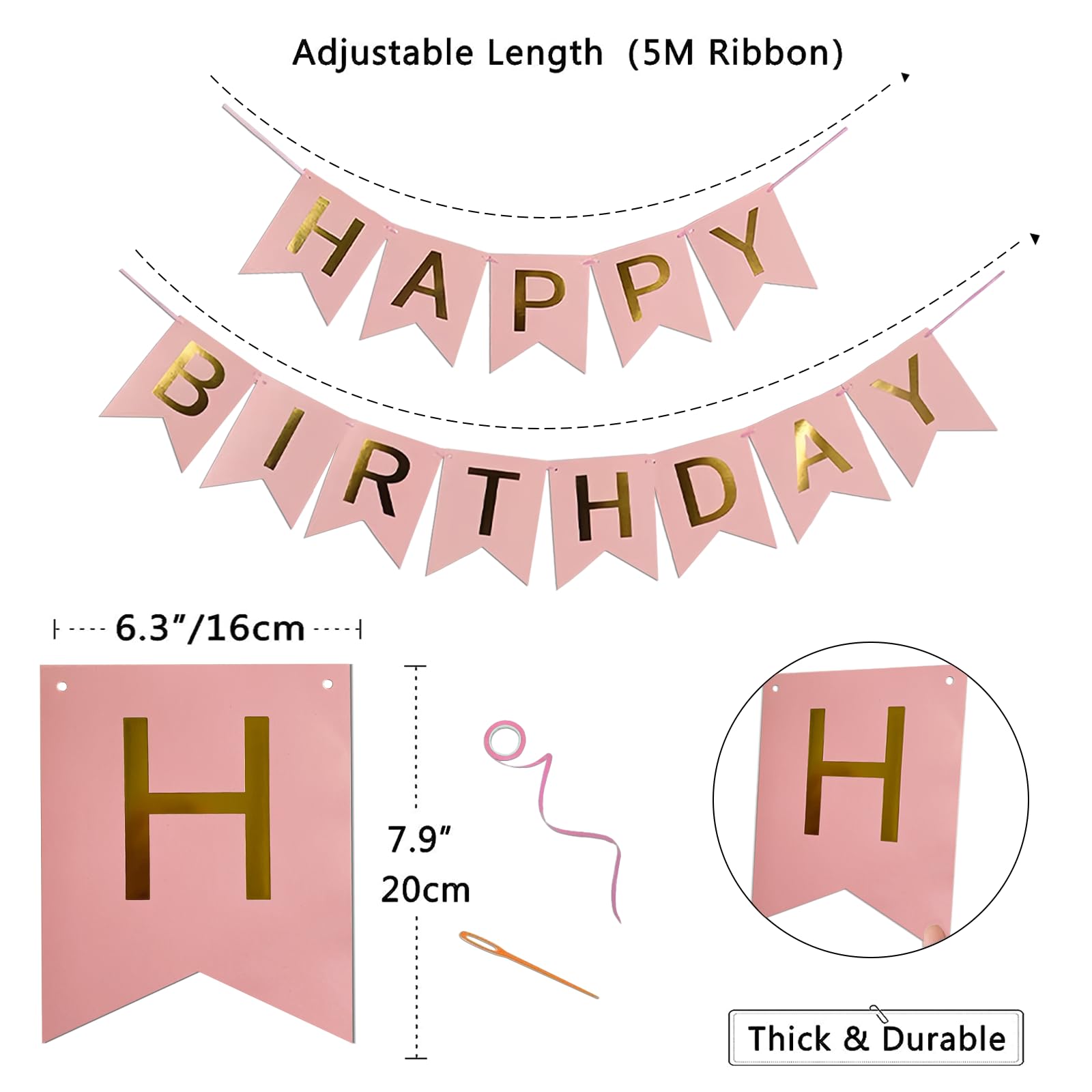 Imtively Pink Happy Birthday Banner, Happy Birthday Bunting Decorations for Birthday Party Backdrop Decor, Happy Birthday sign Party Supplies for Women Kids Baby Shower Birthday Party Hanging Decor