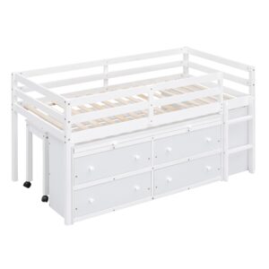 Kids Twin Low Loft Bed with Storage, Twin Size Loft Bed with Portable Desk and 4 Drawers, Wood Twin Loft Bed with Shelves, Modern Farmhouse Junior Loft Bed for Kids Boys Girls, White