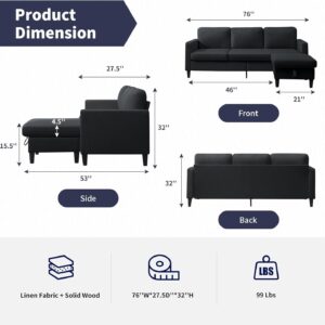 ijuicy Convertible Sectional Couch,78" Small Sectional Sofa, 3-Seat Upholstered Linen L Shaped Sofa w/Movable Storage Ottoman,Reversible Chaise Lounge for Living Room/Small Spaces(Dark Grey)