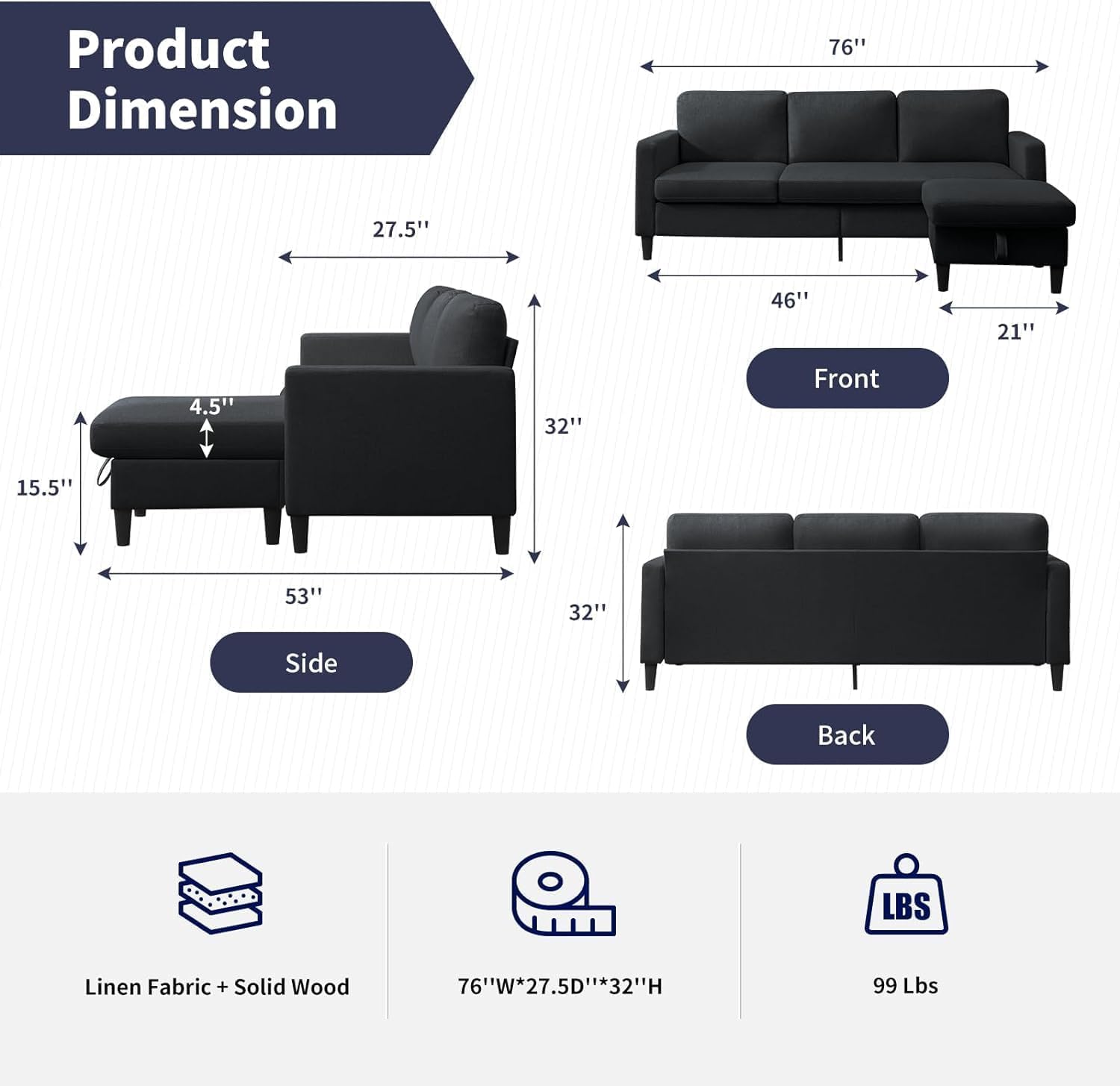 ijuicy Convertible Sectional Couch,78" Small Sectional Sofa, 3-Seat Upholstered Linen L Shaped Sofa w/Movable Storage Ottoman,Reversible Chaise Lounge for Living Room/Small Spaces(Dark Grey)