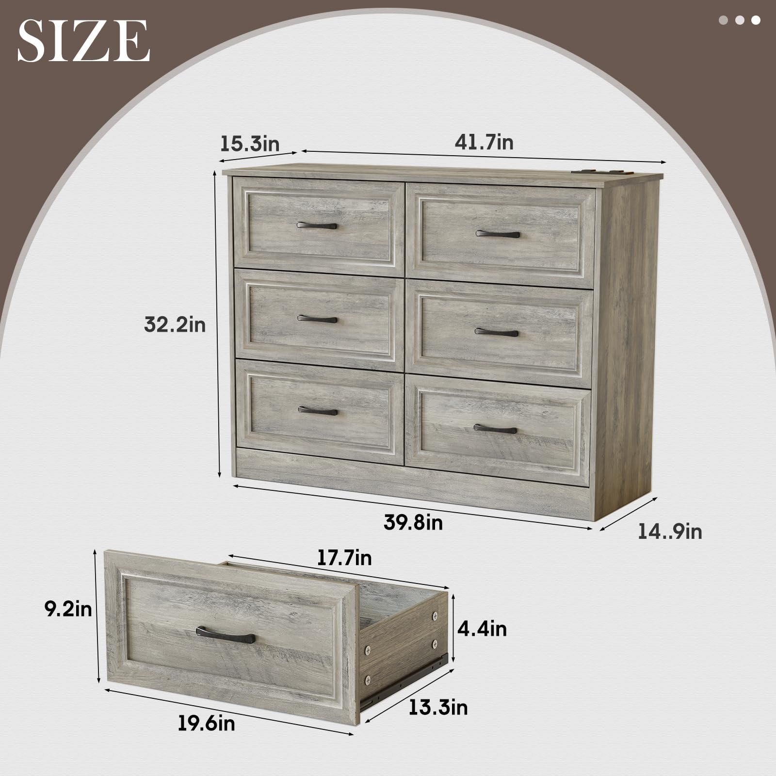 Fameill Dresser for Bedroom, 6 Drawer Wide Dresser Organizer with Charging Station, Tall Dresser for Hallway, Wood Dresser with Metal Handles, Ash Grey