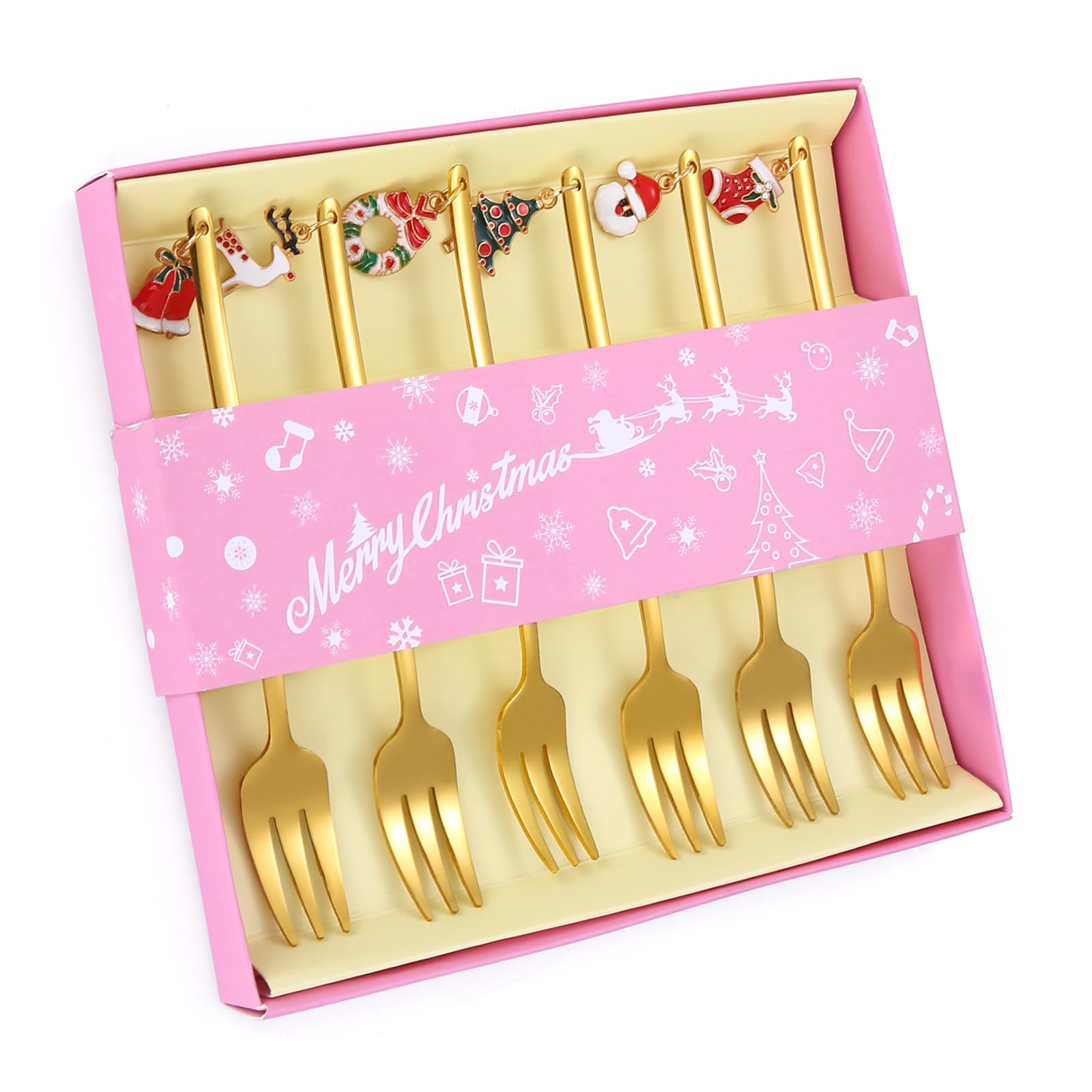 A · HOUSEWARE Dessert Forks Gold Christmas Silverware Set Stainless Steel Flatware Small 6 Pieces Appetizer Utensils With Xmas Charms Handle for Festival Parties and Everyday Use