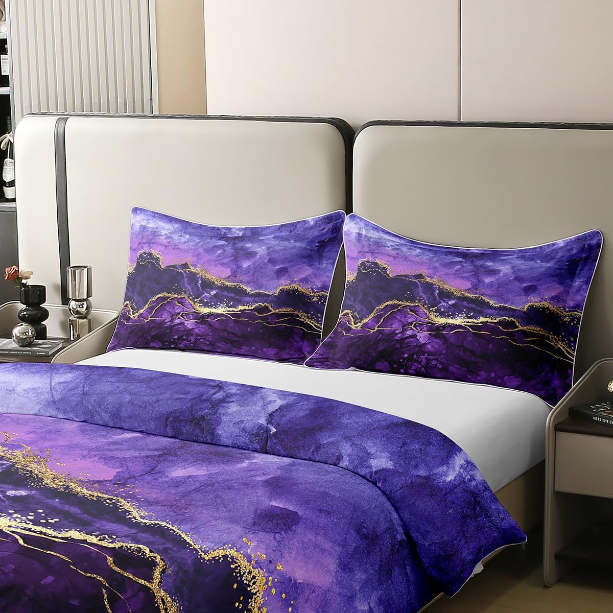 100% Organic Cotton Purple Marble Bedding Set Abstract Gold Purple Comforter Cover,Iridescent Ink Fluid Art Duvet Cover Marbling Modern Luxury Elegant Art Decorative Patchwork Quilt Cover King