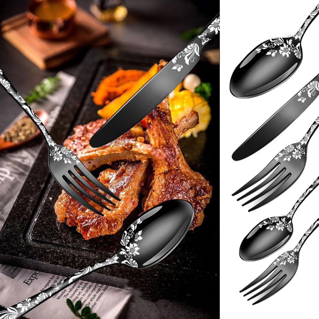 XIAOYU 5 Pieces Silverware Set, Black Flatware Set, Stainless Steel Mirror Polished Cutlery Set, Spoons Forks Knives Set with Unique Floral Laser, Black