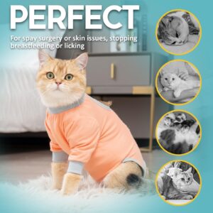 Avont Cat Recovery Suit - Kitten Onesie with Front Sleeves for After Surgery, Female Spay Surgical Abdominal Wound Skin Diseases E-Collar Alternative Wear -Coral(S)