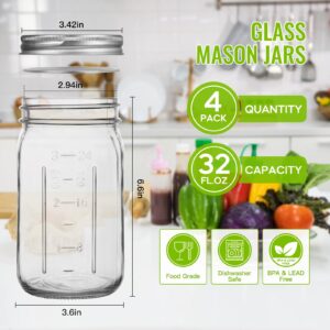 Alotpower 32 oz Mason Jars Wide Mouth 4Pack,Empty 32oz Mason Jars with Lids&Bands/Stickers/Marker/Bottle Brush(32fl.oz, Set of 4)