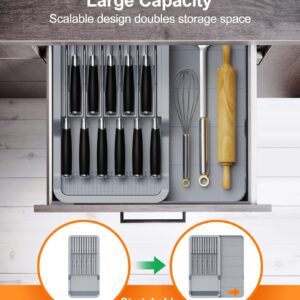 RISHTEN Kitchen Knife Drawer Organizer Grey, In Drawer Knife Block Holder with Expandable Cutlery Tray Compact Organization Drawer Storage Holds Up To 11 Knives (Including Hooks&Sponges)