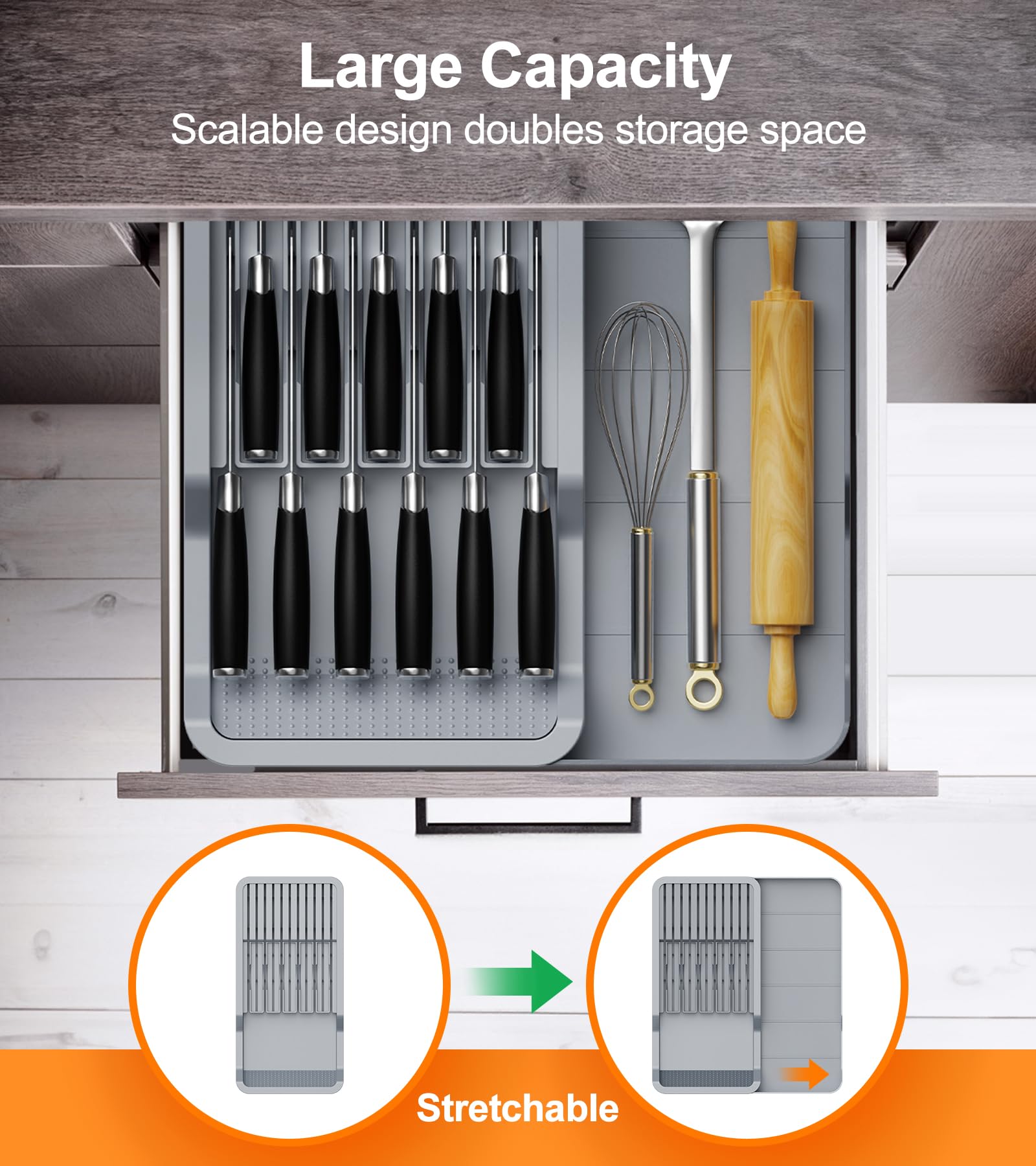 RISHTEN Kitchen Knife Drawer Organizer Grey, In Drawer Knife Block Holder with Expandable Cutlery Tray Compact Organization Drawer Storage Holds Up To 11 Knives (Including Hooks&Sponges)